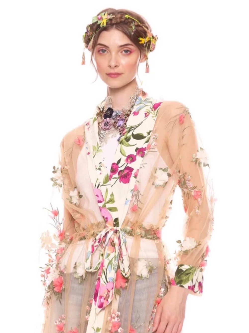 Aratta Nude Sheer Floral Embroidered Cape with Pink Accents